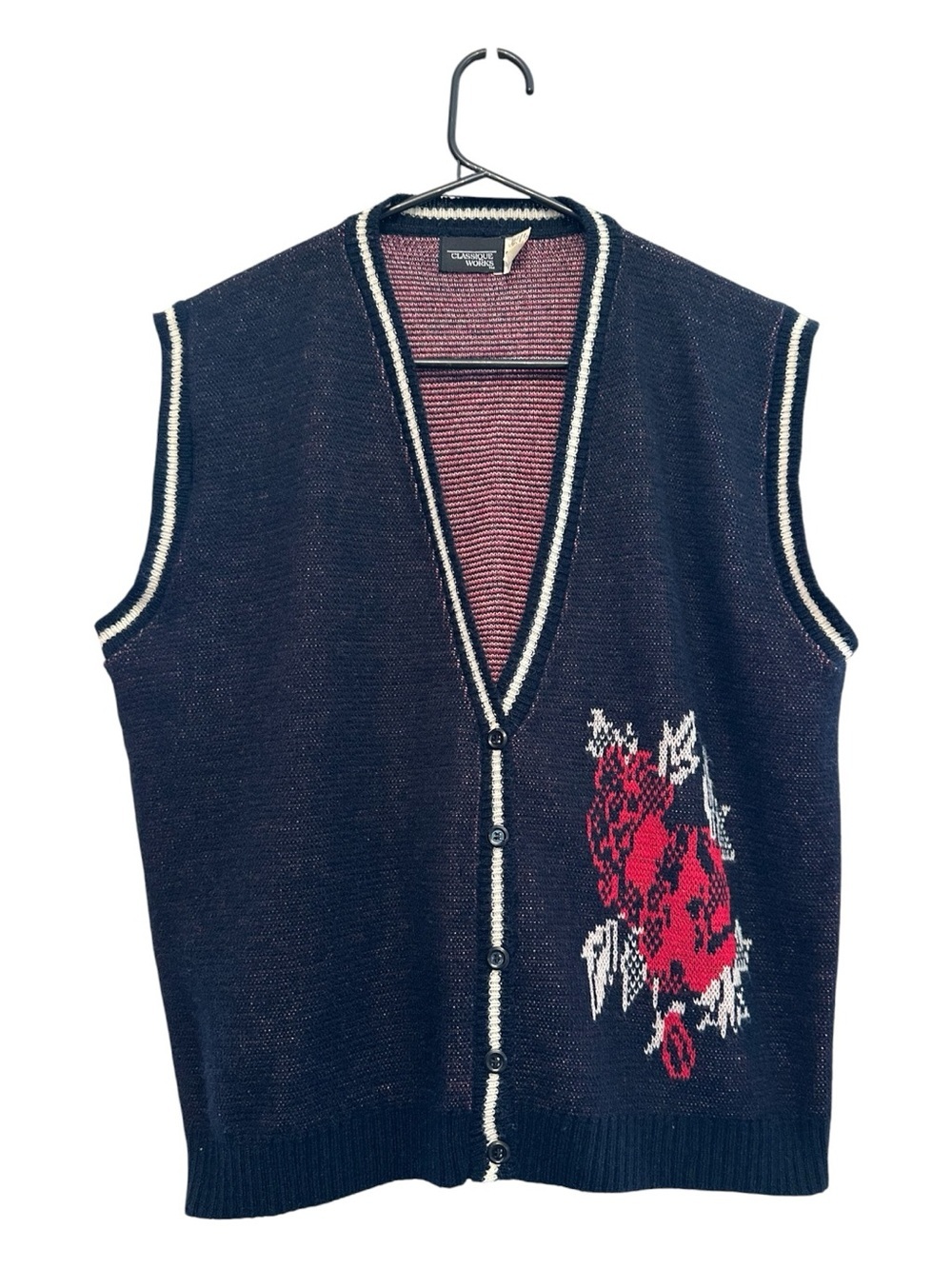 Vintage 90’s Grandpa Style Black Knit Sweater Vest with Red Floral Motif M/L